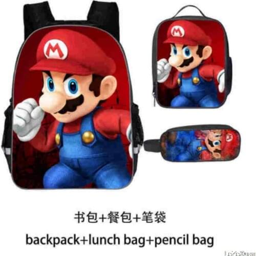 16 inch 3pcs/set Mario Bros School Bag for Kids Boy Girl Backpack Children School Sets Pencil Bag Lunch box Kids Mochila