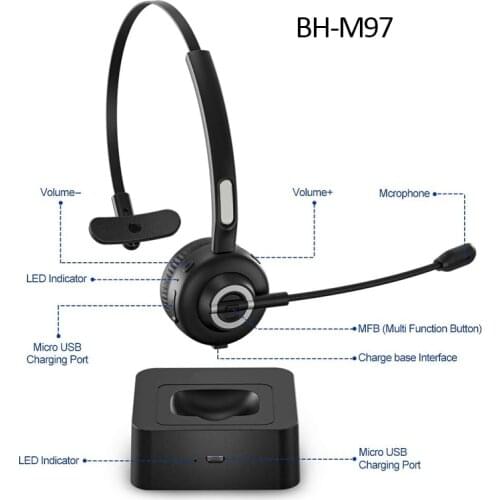 BH-M97 Pro Wireless Trucker Headset Bluetooth5 Ear Phone w/ Noise Canceling Mic Charging Base USB Computer Headphones Office PC