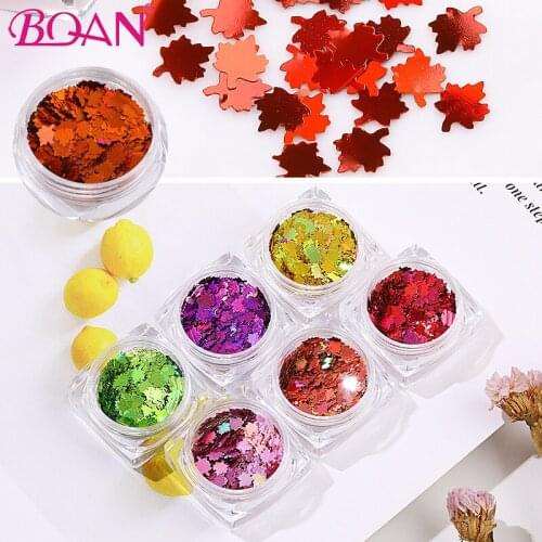 BQAN 6pcs/set Maple Leaf Nail Glitter Sequins High Light Nail Art Flakes Manicure Decal Stickers Decorations DIY Accessories