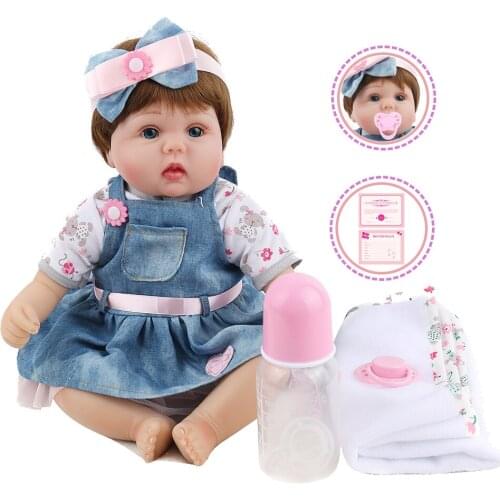 Reborn Baby 16 inch 40cm Denim Dress Silicone Girl pretty handmade reborn Bebe Bowknot Hairband Educational lol toy KAYDORA