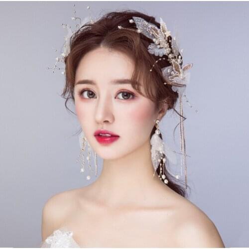 Headdress wedding dress bride 2021 new wedding dress Korean fairy Sen system fairy hair accessories model clip plus earrings