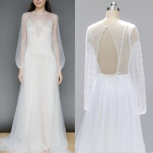 Glamorous Pearl Wedding Dress Long Sleeves Illusion Backless A Line White Bridal Gown with Court Train Elegant Celebrity Dress