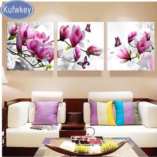 Triptych vertical,Diamond picture Diamond Embroidery Magnolia flower Diamond Painting full square round mosaic diamond Pattern