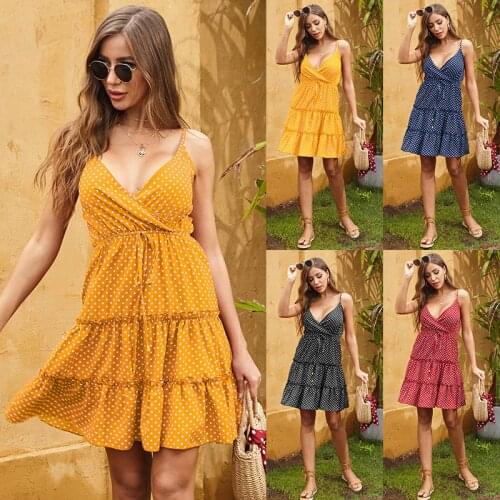 Summer Dresses For Women 2021Strap Sexy V-Neck Dot Print Sleeveless Beach Style Backless With Belt Spring Female Vestido C2606