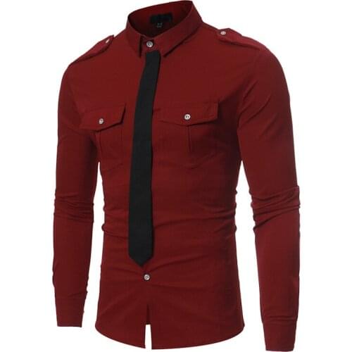 Fake Tie Double Pocket Shirt Men 2020 Autumn New Military Style Slim Fit Mens Dress Shirts Casual Long Sleeve Hit Color Chemise