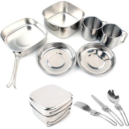 Outdoor camping pot stainless steel set of 6 Picnic lunch box with folding utensils camping frying pan
