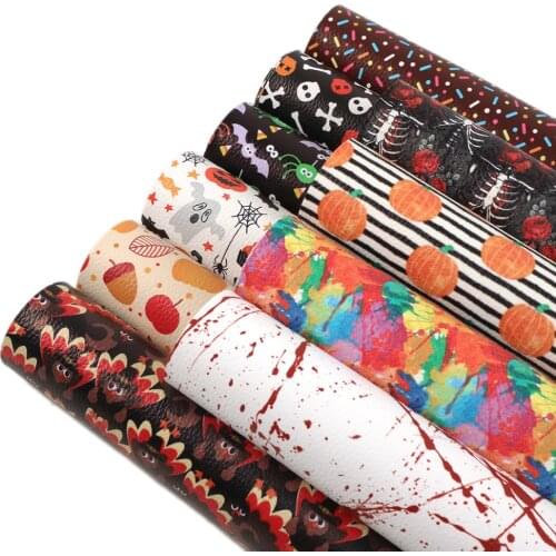 New 20*33cm Lychee Halloween Pumpkin Printed Faux Synthetic Leather For Bow-knot bags Wallet Phone Cover Scrapbook DIY,1Yc7787