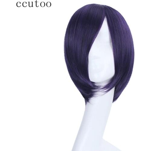 Ccutoo 14" Purple Black Mix Short Straight Full Bangs Synthetic Hair Tokyo Ghoul Kirishima Touka Cosplay Wigs Heat Resistance