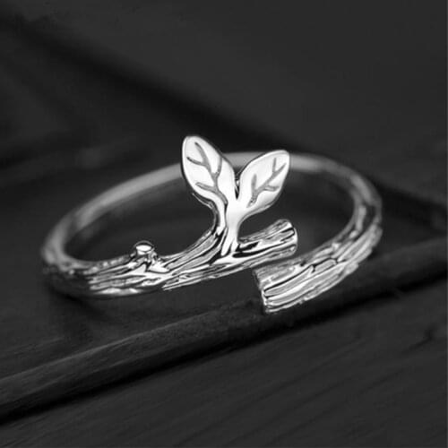 VENTFILLE 925 Sterling Silver Adjustable simple leaf ring literary sweet ring open ring
