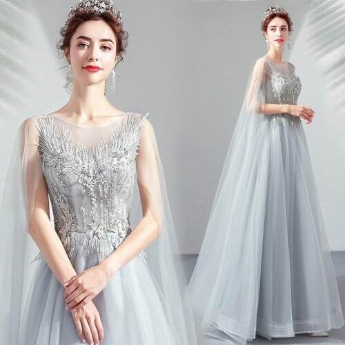 Sexy V-neck Evening Dress Robe De Soiree 2019 High Quality Grey Tulle With Applique Evening Dresses Real Photo