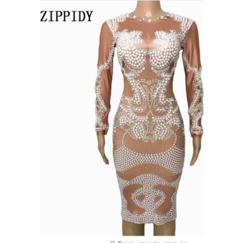 ShiniShining Pearls Rhinestones one-piece Lady Evening Party Wear Long Sleeves Prom Luxurious Singer Birthday Celebrate Dresses