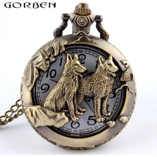 Vintage Bronze Chinese Zodiac Dog Wolf Pocket Watch Necklace Women Men Hollow Cute Stationary Quartz Chain Pendant Style Gift