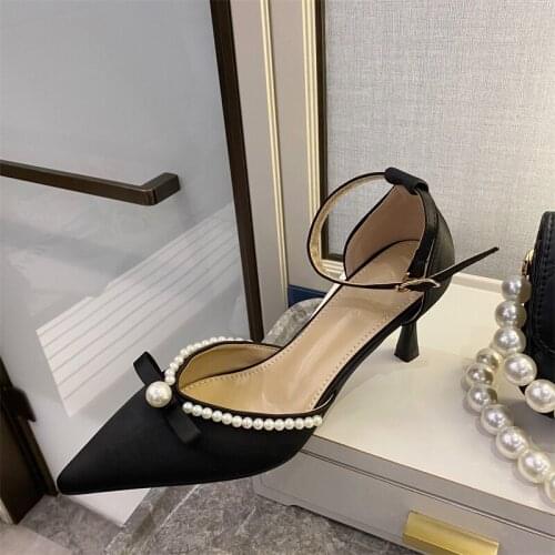 Ladies Silk Bowknot White Pealrs Ankle Strap Low High-Heeled Single Sandals Buckle Pointed Toe Pumps Women Dress Party Shoes