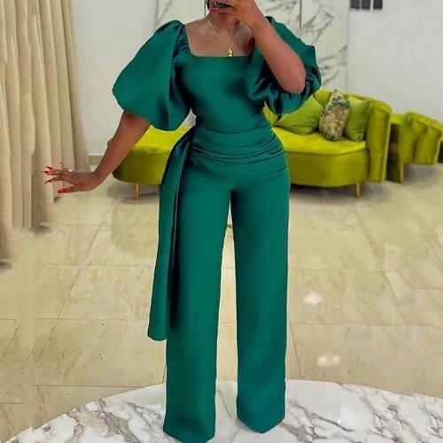 New Jumpsuits 2021 Women Elegant Outdoor Party Square Neck Lantern Sleeve High Waisted Temperament OL Commuter Rompers Jumpsuits