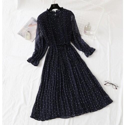 Women Print Pleated Chiffon Dress 2020 Spring Summer New Fashion Female Casual Flare Sleeve Lotus leaf neck autumn Basic Dresses