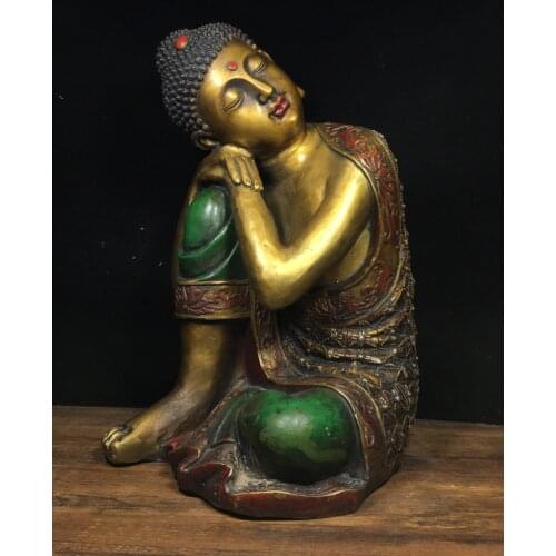 14"Chinese temple collection Old Bronze Painted Thinking Buddha Sleeping buddha Sakyamuni meditation Buddha Ornaments Town House