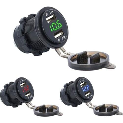 4.2A Car 2 Port Dual USB Charge Adapter Cigarette Lighter Socket LED Voltmeter with Waterproof Cover for DC 12V-24V Cars Vehicle