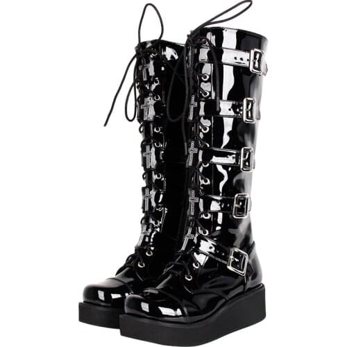 Angelic imprint new handmade Women motorcycle cool punk boots lady lolita shoes woman mid heels wedges pumps 5cm heel 33-47 7008