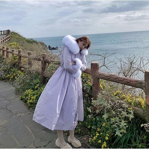 Long Skirt Down jacket with real fox fur 2020 new female long closed waist to ankle posed the fairy white black elegant jacket