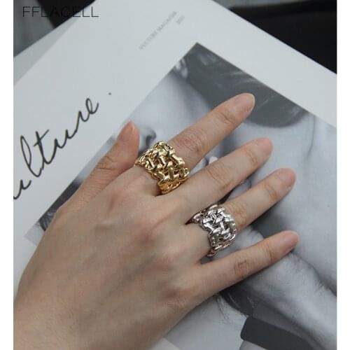FFLACELL 2020 Korea INS Retro Party Punk Rock Style Thick Chain Braided Ring Simple Pearl Open Cross Ring For Women Girl Jewlery