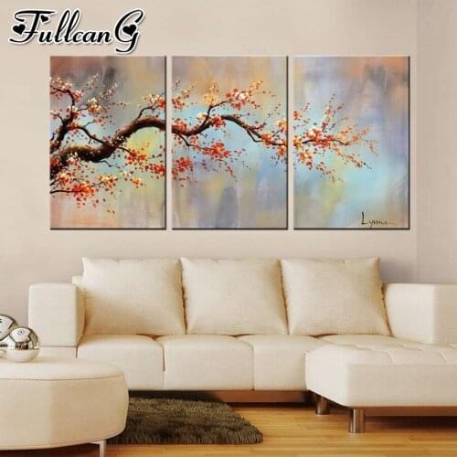 FULLCANG 5d diy mosaic needlework abstract diamond embroidery landscape tree painting triptych full square round drill FC2037