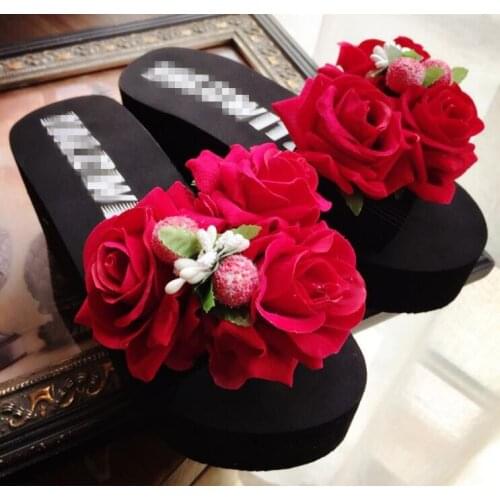 HAHAFLOWER Women Fashion Summer Slippers Wedge Sandals Red Rose King Flip Flops House Shoes Beach Shower Slippers Shoes
