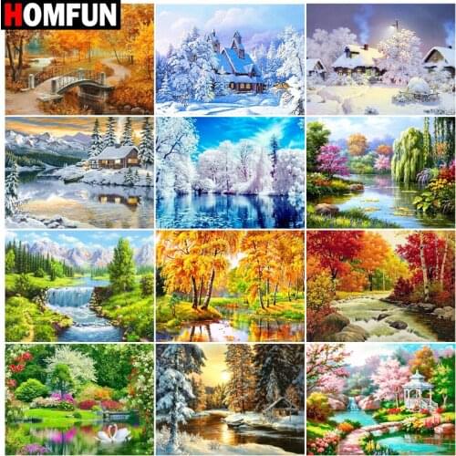 HOMFUN Paint With Diamond Embroidery "Tree river landscape" Diamond Painting Full Square Round Picture Of Rhinestone Decor