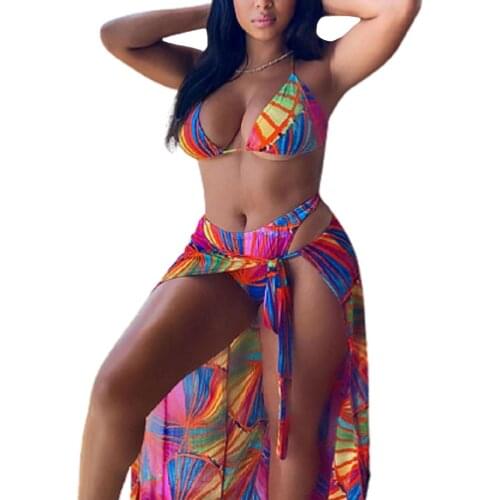 Three Pieces Tie Dye Bikini Sets Beach Cover Up Women Halter Neck Design Colorful Print Bras Bottons Swimwear Clothing