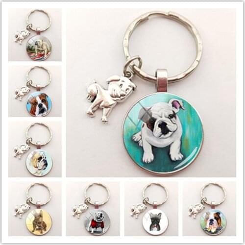 Fashion Bulldog Keychain English Bulldog Keychain Charm Round Handmade Craft Glass Dome Keychain Ladies Bag Keyring