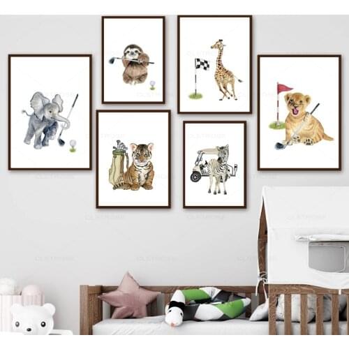 Woodland Animals Posters and Prints Golf Lion Tiger Zebra Giraffe Elephant Wall Art Canvas Painting Baby Kids Room Decorartion