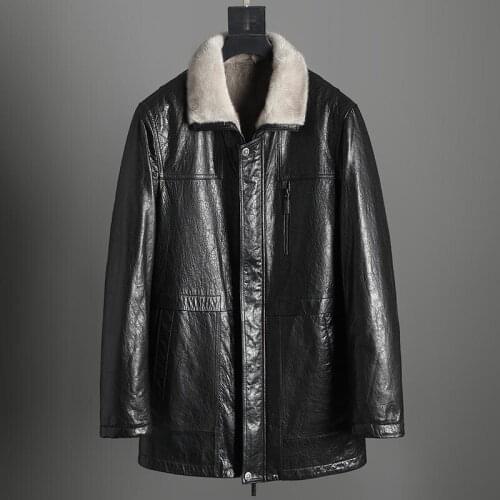 Mink Fur Liner Parka Mens First Layer Cowhide Leather Jacket Male Long Shearling Coat Clothes
