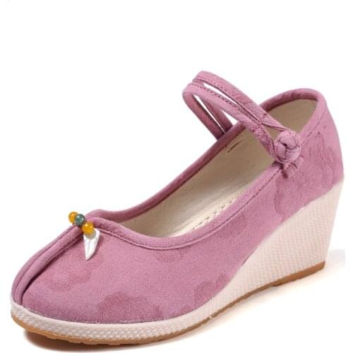 New Spring Old Beijing Shoes High-heeled Cotton Linen Embroidered National Wind Retro Thick-soled Womens Wedges Hanfu Shoes