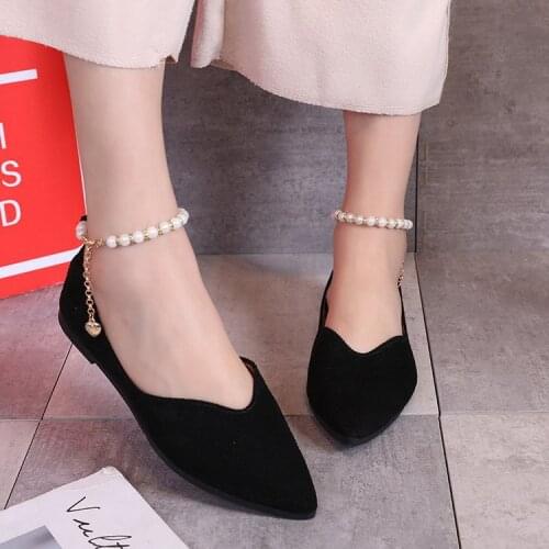 Spring Autumn New Flat Sandals with A Buckle Low Heel Sweet Elegant Womens Shoes Pointed Flat Sandals Pearl String Bead Flats