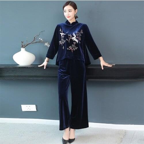 New female pant suits embroidery national wind womens sets Vintage gold velvet pullover jacket+wide leg pants two sets of women