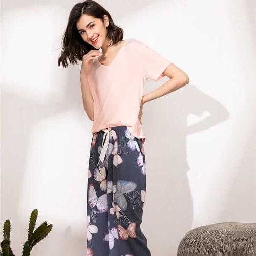 Ladies Simple Style Contrast Color Pajamas Set Floral Printed Comfort Cotton Satin Sleepwear Women Loose Casual Wear & Homewear