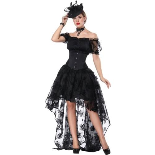 Retro Corset Dress Halloween Costume Women Black Short Sleeve Top with Waist Trainer Corset And High Low Skirt