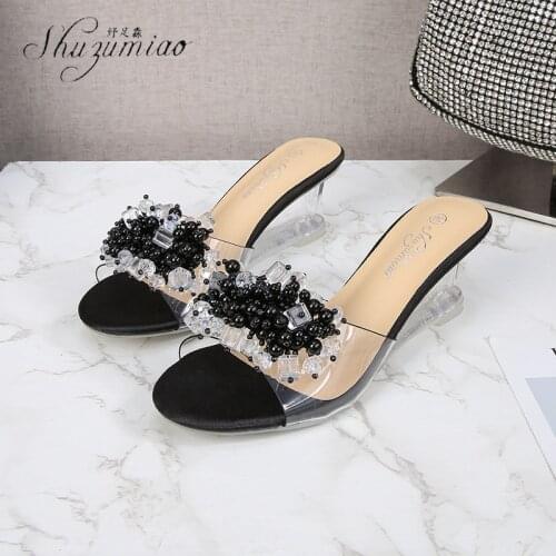 SHUZUMIAO Women Slides Shoes Beaded Women Sandals Open Toe Wedges Slippers Sexy Crystal Heels Casual Dress Party Transparent