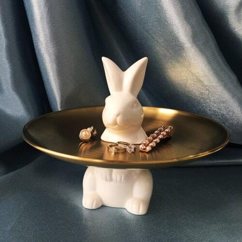 Nordic ceramic animal rabbit with stainless steel cake stands jewelry cosmetic storage tray living room key remote storage rack