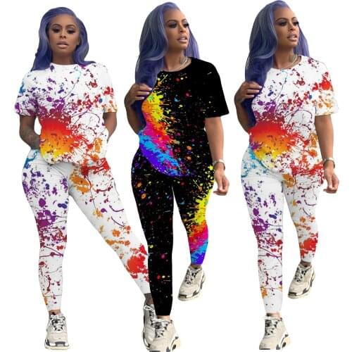 Plus Size S-3XL Graffiti Print Tracksuit Woman Short Sleeve O Neck T-shirt Tight Trousers Fashion 2 Piece Set Active Wear Outfit