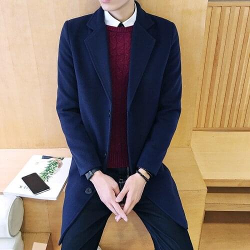 Mens Woolen Cloth Trench Trendy Korean Slim Solid Color Large Size Single-Breasted Long Sleeves New Hot Sale 2020