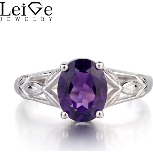 Leige Jewelry Natural Purple Amethyst Ring Oval Cut Gemstone February Birthstone Engagement Ring Solid 925 Sterling Silver Ring