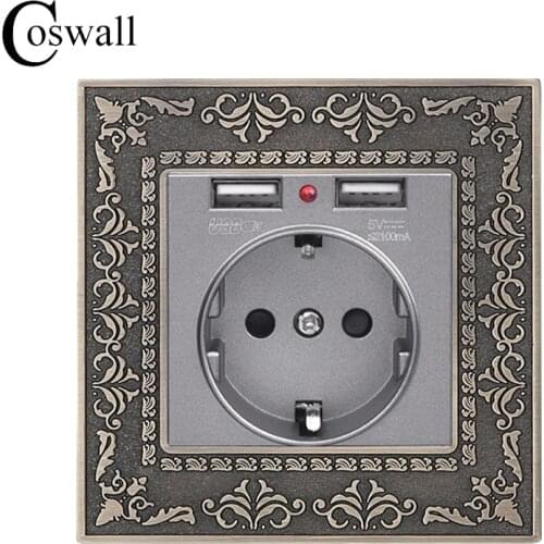 Coswall Zinc Alloy High-end Retro Panel 16A Grey EU Standard Power Wall Socket With Dual USB 2.1A Charging Port Embossed Panel