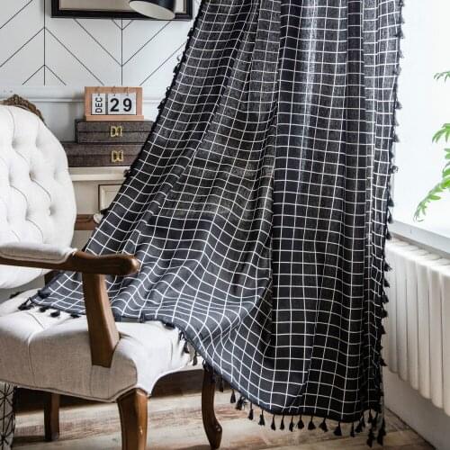 Cilected Black Plaid Print Tube Curtain Nordic Home Geometric Tassel Semi-Shade Bay Window Curtain Living Room Decor Curtain