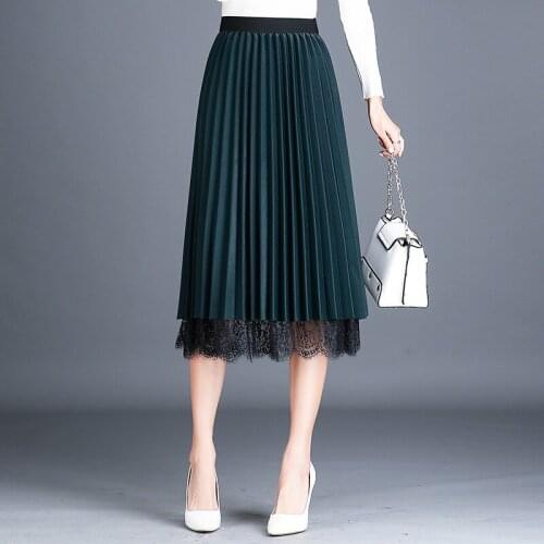 2019 Summer Two-faced Mesh Lace Skirt Female Midi Skirt Elastic High Waist Pleated Skirt Saia Fashion Elegant Female Skirt R362