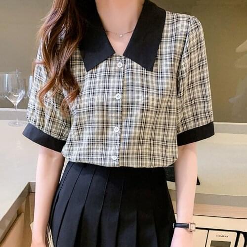 Plaid Shirt Womens 2021 Summer French Top Vintage Bubble Sleeve Shirt Blusas Female Button Chiffon Black Blouse Plus Size 1224