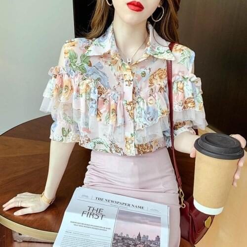 Western style floral lapel chiffon top 2021 summer sweet fashion printed mesh stitching ruffled shirt women