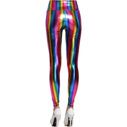 Womens Hologram Metallic Rainbow Leggings Glitter Neon Tights Stripes Printed High Waist Yoga Pants Faux Leather Party Clubwear