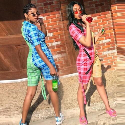 TNNAOFF Sexy Plaid Patchwork Bodycon Playsuit for Women Summer Fashion Zip Short Sleeve One Piece Outfit Streetwear Club Rompers