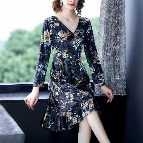 2021 New Floral Gold Velvet V-Neck Midi Vestidos Spring Autumn 2XL Plus Size Vintage Print Dress Women Bodycon Elegant Dresses