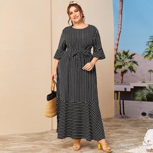 Plus Size Dress Summer Women 2020 Fashion Three Quarter Sleeve Striped Print Casual Dress Black Ruffles Maxi Long Dresses